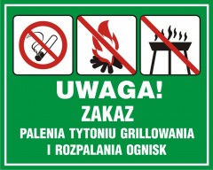 Znak - Uwaga! Zakaz palenia tytoniu, grillowania i rozpalania ognisk