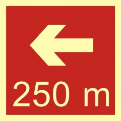Direction to the place of firefighting equipment or warning device storage - 250 m left
