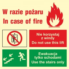 Znak ewakuacyjny - Zakaz korzystania z windy w razie pożaru (lewostronne)