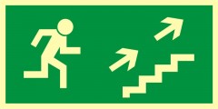 Znak ewakuacyjny - Kierunek do wyjścia drogi ewakuacyjnej schodami w górę w prawo