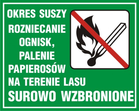Znak - Okres suszy - rozniecanie ognisk, palenie papierosów na terenie lasu surowo wzbronione