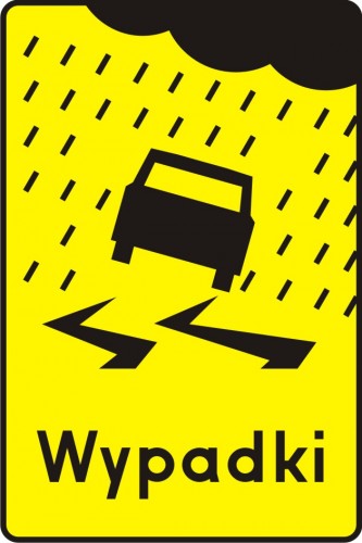 Tabliczka wskazująca miejsce częstych wypadków spowodowanych śliską nawierzchnią jezdni ze względu na opady deszczu