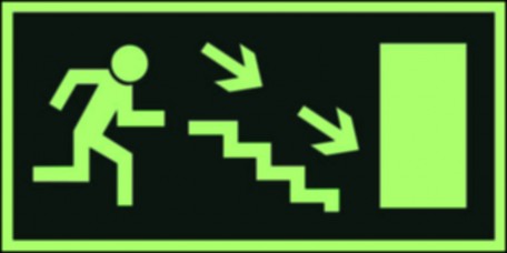 Znak ewakuacyjny - Kierunek do wyjścia drogi ewakuacyjnej schodami w dół w prawo