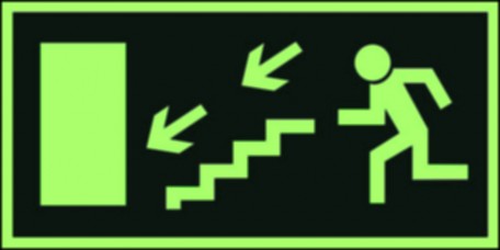 Znak ewakuacyjny - Kierunek do wyjścia drogi ewakuacyjnej schodami w dół w lewo