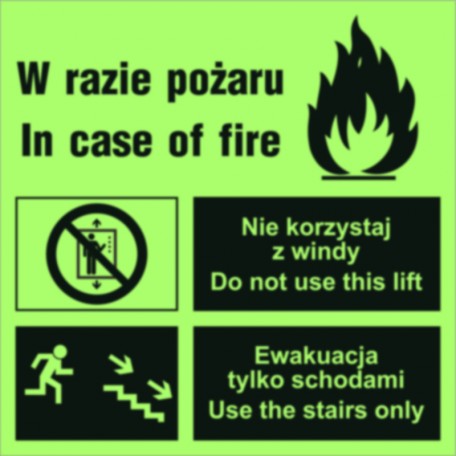 Znak ewakuacyjny - Zakaz korzystania z windy w razie pożaru (prawostronne)