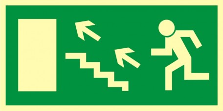 Znak ewakuacyjny - Kierunek do wyjścia drogi ewakuacyjnej schodami w górę w lewo